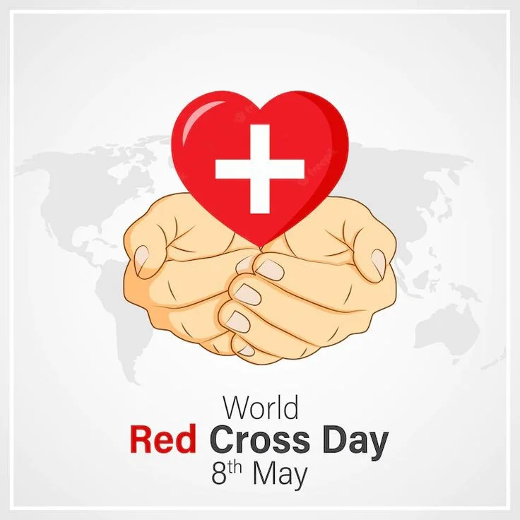 Illustration of World Red Cross Day 2025 with diverse volunteers providing humanitarian aid, a red cross symbol, and a globe background representing global unity and compassion.