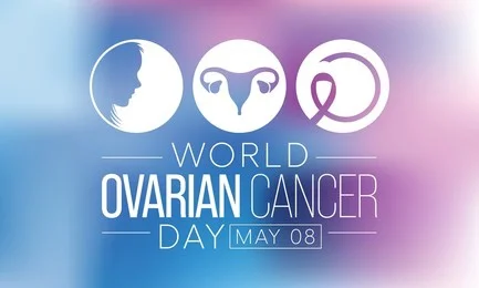 Women wearing teal ribbons and holding awareness signs on World Ovarian Cancer Day 2025, promoting early detection and global ovarian cancer awareness.